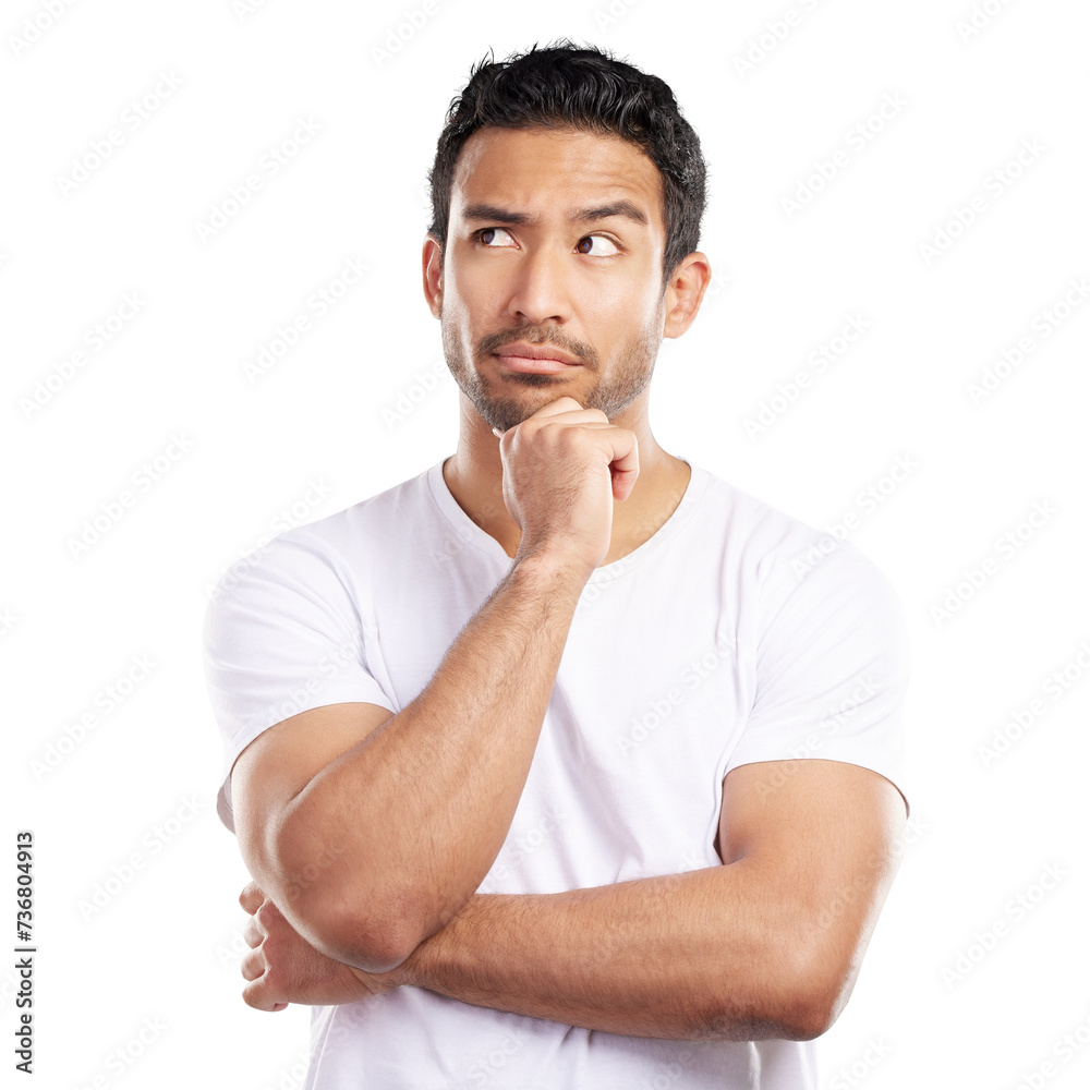 Aufkleber man, thinking and confused with doubt and questions, problem solving for solution isolated on png tr