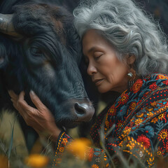 woman with gray hair and a colorful shirt hugging a black cow