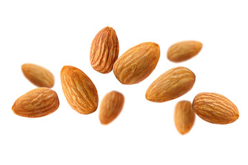 Almond nuts isolated on white background. Almond fly.