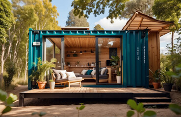 Modern tiny house made from old shipping containers. Shipping container houses is sustainable, eco-friendly living accommodation or holiday home