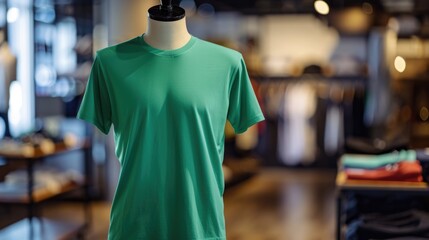 Fototapeta premium A green T-shirt on a mannequin in a store window. Blank t-shirt mockup.