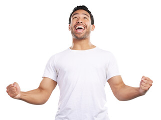 Isolated man, excited and fist celebration, success and goals with shout by transparent png...