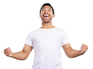Isolated man, excited and fist celebration, success and goals with shout by transparent png background. Asian person, model and winner with cheers, clothes and happy for giveaway prize in Indonesia