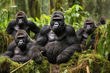 A group of gorillas in their natural rainforest habitat, Endangered primate sitting in African rainforest staring at camera , Ai generated