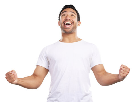 Isolated man, excited and fist celebration, success and goals with shout by transparent png background. Asian person, model and winner with cheers, clothes and happy for giveaway prize in Indonesia