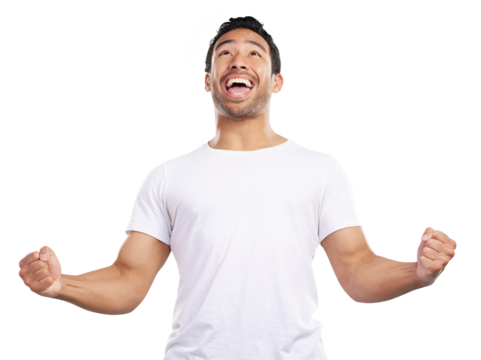 Isolated man, excited and fist celebration, success and goals with shout by transparent png background. Asian person, model and winner with cheers, clothes and happy for giveaway prize in Indonesia