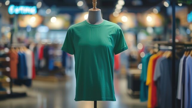 A green T-shirt on a mannequin in a store window. Blank t-shirt mockup.