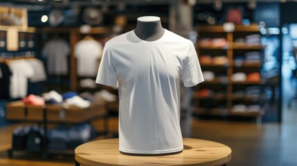 A white T-shirt on a mannequin in a store window. Blank t-shirt mockup.