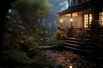 The tranquil ambiance of a garden at dusk