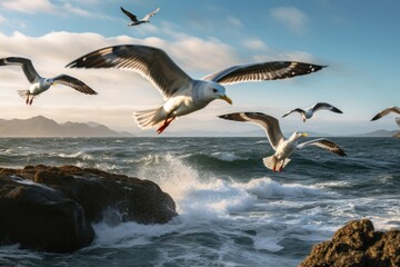 A group of seagulls soaring in a coastal breeze.3d rendered a group of seagulls flying under a blue...