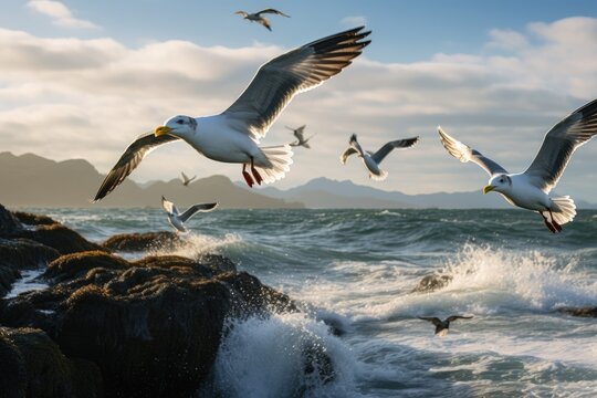 A group of seagulls soaring in a coastal breeze.3d rendered a group of seagulls flying under a blue sky over the beach, Ai generated