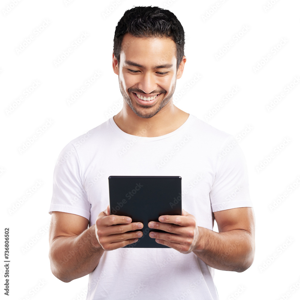 Aufkleber isolated man, tablet and texting with smile for web chat, contact or reading by transparent png back