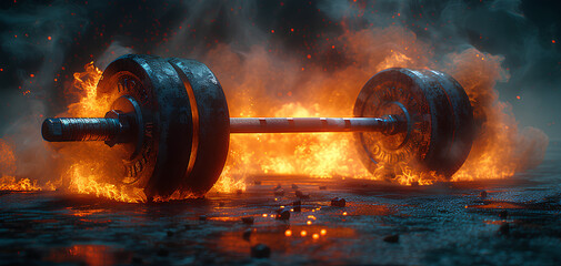 photo of an iron barbell on the floor with a fiery background