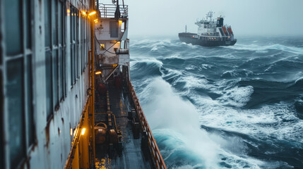 International cargo ship with full load of containers, arial view, on the sea and storm, strong wave, bad weather