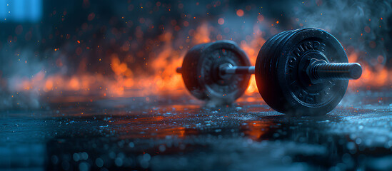 photo of an iron barbell on the floor with a fiery background