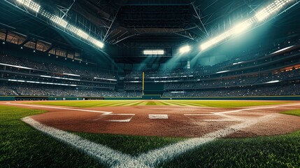 Professional baseball arena with spotlight - obrazy, fototapety, plakaty