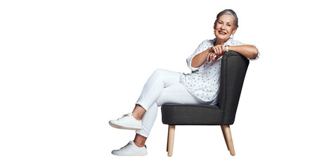 Mature woman, chair and happy in portrait, relaxing and resting or confidence in retirement. Senior...