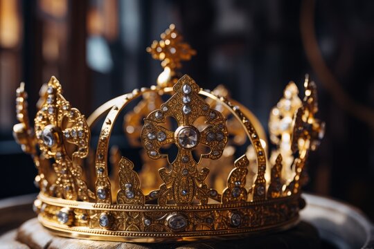 A close-up of a golden crown with intricate details