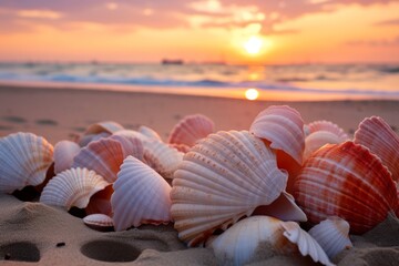 A close-up of seashells on the beach at sunrise