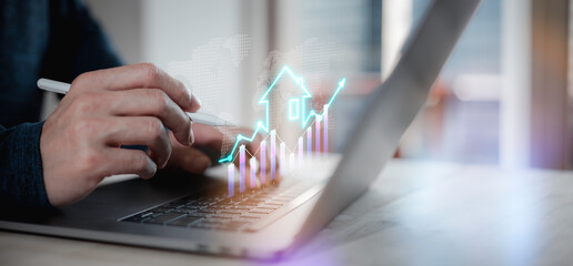 real estate investment concept energy efficiency rating and property value, Real estate online on virtual screens. new home for the family, home search, land price, property tax.