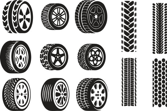 Wheel tires in 3d. Car tire tread track icons. Motorcycle racing wheels and dirty tire tracks. Car and other vehicle wheel flat icons set. Multiple style Tyre and wheel for online gaming. eps 10 