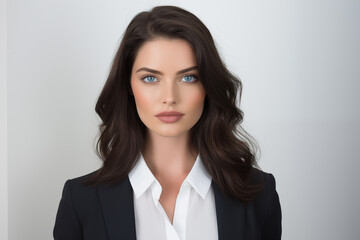 Bussiness woman with dark hair and blue eyes, confident beautiful woman, professional woman in suit.	
