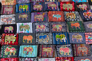 View of the traditional handkerchiefs displayed in the market of Luang Prabang, Laos