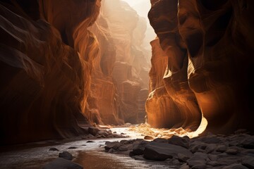 A photograph capturing the dramatic interplay of light and shadow in a canyon