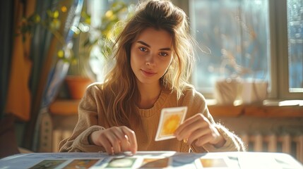 A woman lays out tarot cards on the table, fortune telling, predicting the future. Astrology, horoscope theme - obrazy, fototapety, plakaty