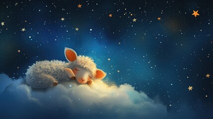 Obraz na płótnie Canvas Children's drawn illustration of a little sheep sleeping on a white cloud against the background of the starry sky, children's sleep, fairy-tale dreams
