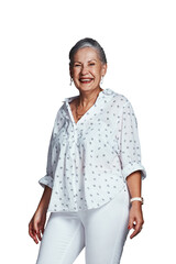 Portrait, smile and fashion of senior woman with joy isolated on a transparent png background....