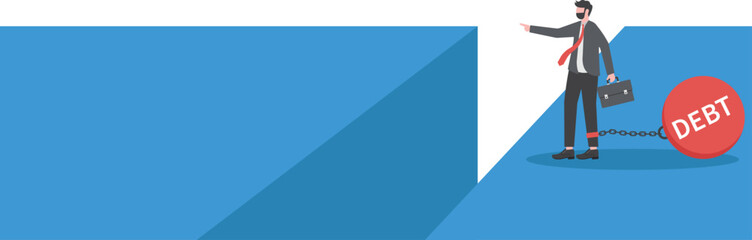 Businessman thinking Release debt way on cliff and weigh down by metal ball and chain with word debt chained on his feet. think across new location

