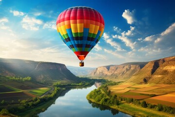 A scenic view of a colorful hot air balloon floating above a tranquil landscape, capturing wanderlust