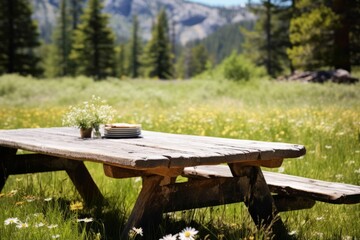 A rustic picnic table in a meadow