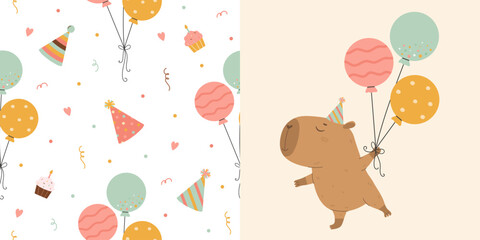 Funny happy capybara with balloons