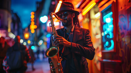 A street musician plays soulful tunes on a saxophone - obrazy, fototapety, plakaty