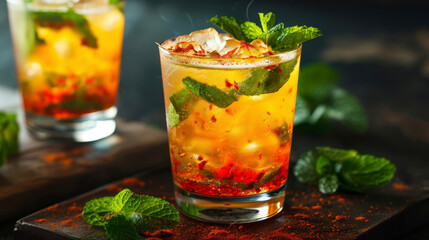 Indulge in the vibrant colors and flavors of a blazing mint julep bursting with a fiery kick. - obrazy, fototapety, plakaty