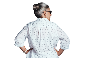 Old woman, back view and casual fashion with confidence, sunglasses and style isolated on png transparent background. Cotton shirt, simple outfit and cool grandma with shades, retirement and pension