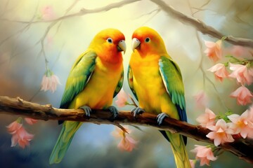 A pair of lovebirds perched on a branch, AI generated