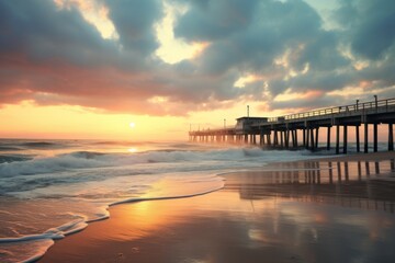 A tranquil beach pier at the break of day