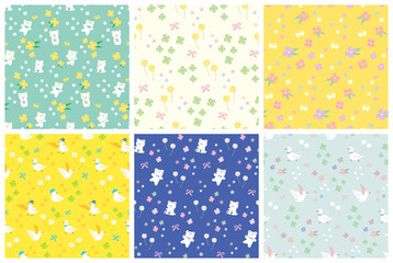 colorful seamless patterns with bears, pigeon and flowers