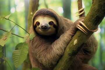Fototapeta premium A sloth hanging from a branch in the rainforest. Portrait of cute baby sloth hanging on tree in jungle Funny sloth hanging on tree branch, Ai generated