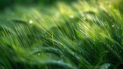 Closeup of vibrant green wheat its delicate texture shifting in the sway of the wind.