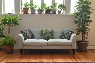 Rustic interior design with sofa, home plant and home decor  Interior mockup.