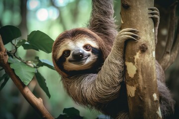 A sloth hanging from a branch in the rainforest. Portrait of cute baby sloth hanging on tree in jungle Funny sloth hanging on tree branch, Ai generated