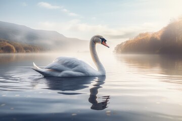 A swan gracefully gliding across on a calm lake, swan elegance in tranquil pond water . Ai generated