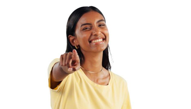 Portrait, woman and pointing finger for choice, hey you and excited with big smile and happiness. Indian female person to show, decision and invitation while isolated on transparent png background