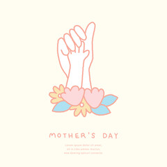 Mother's day illustration template with hands of mother and child and flowers.
