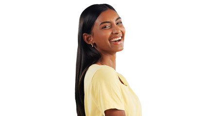 Portrait, Indian woman and laugh with excitement for funny jokes, standup comedy and sitcom....