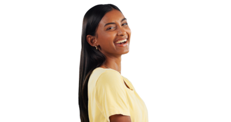 Portrait, Indian woman and laugh with excitement for funny jokes, standup comedy and sitcom. Cheerful gen z female person with big smile, glow and joy while isolated on transparent png background
